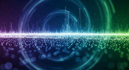 "Futuristic Sound Wave Spectrum with Glowing Energy Rings and Digital Particles in Abstract Technology Background – AI Generated Visualization"