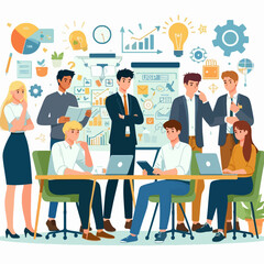 Large group of individuals gathered around a table, engaged in a collaborative business meeting, surrounded by various visual aids for brainstorming and strategy.