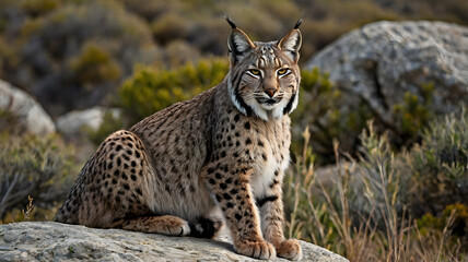 Fototapeta premium Iberian Lynx perched on a boulder watching distant prey