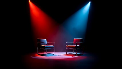 Dramatic Contrast: Two Dark Armchairs Under Striking Red and Blue Spotlights on a Bare Stage.