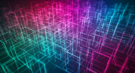 Neon Digital Grid Abstract Background – Futuristic 3D Wireframe Cube Network in Pink and Blue for Tech Design, Virtual Reality, Blockchain, Data Systems, AI Visualization, and Cyber Themes