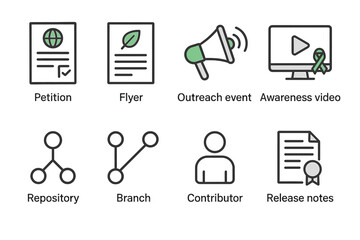 Icons for petition, flyer, outreach, video, repository, branch, contributor, release