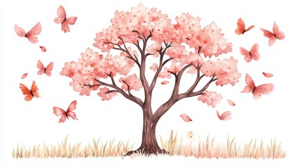 Fototapeta premium Pink Blossom Tree with Butterflies in Soft Watercolor Style