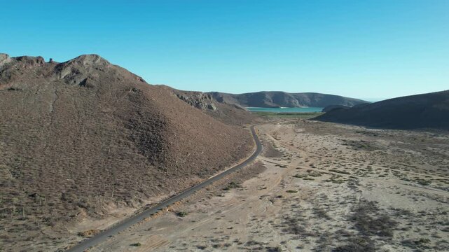 Aerial View of Desert Landscape with Mountains and Turquoise Beach &ndash; Baja California Sur, Mexico