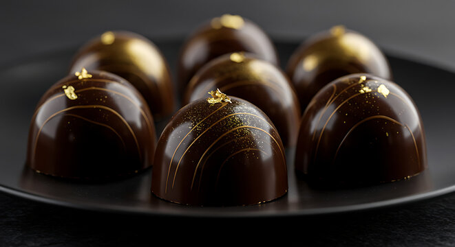 Gourmet dark chocolate bonbons with elegant gold leaf decoration and swirls arranged on a black plate.