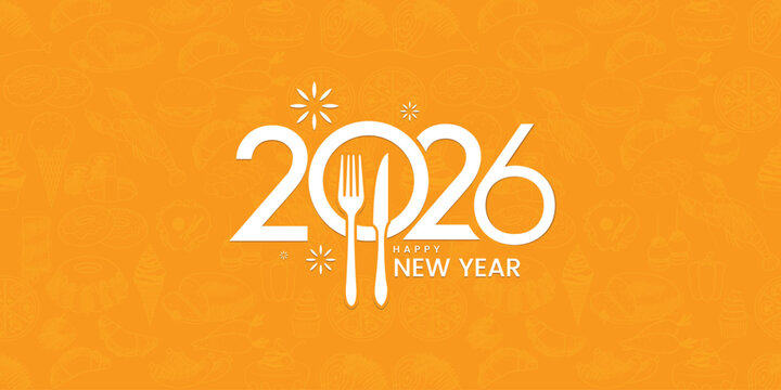 Happy New Year 2026 with Fork and Knife, 2026 Foodie Celebration, The New Year 2026 Food restaurant chefs' logo social media banner poster cover design concept, Vector illustration template post 