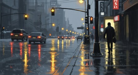 Reflections of city lights painting a canvas of rain-slicked streets on a night time stroll scene