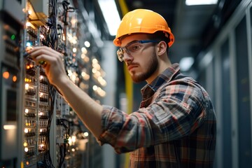 Electrician wearing safety helmet and glasses testing electrical connections inside server room
