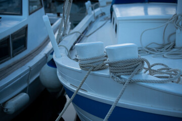 The seaport in Betina, Murter island, Croatia at dusk. Cold tone harbour background. Fishing boats