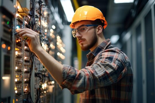 Electrician wearing safety helmet and glasses testing electrical connections inside server room - Powered by Adobe