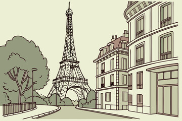Obraz premium Unmistakable curves of the Eiffel Tower rise from a cozy Paris street, offering a hidden perspective of a world-famous landmark, modern flat illustration style.
