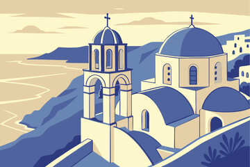Admire the postcard-perfect Oia town in Santorini at golden hour with blue-domed churches and calm sea beyond, modern flat illustration style.