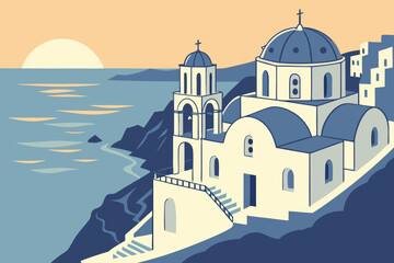 Bask in golden hour light as white buildings in Santorini glow warmly against the shimmering blue sea in Oia town, modern flat illustration style.