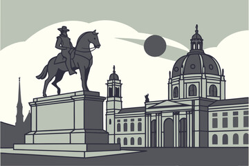 Archduke Charles statue guards Vienna’s Heldenplatz as museum domes and evening skies create a stately city scene, modern flat illustration style.