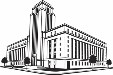 Architectural grandeur of the U.S. Department of Justice in Washington, DC stands tall, reflecting authority and federal power, modern flat illustration style.