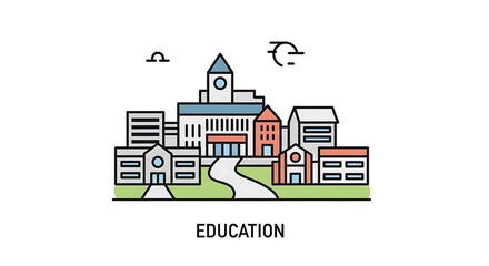 Obraz premium Illustration of an educational campus with various buildings and a winding pathway leading to it