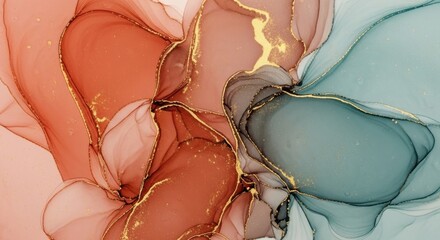 Fluid art with terracotta and teal hues adorned with intricate gold accents creating an elegant