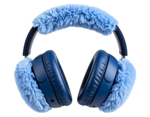 Cozy blue headphones with fuzzy ear cushions, isolated on transparent background for   