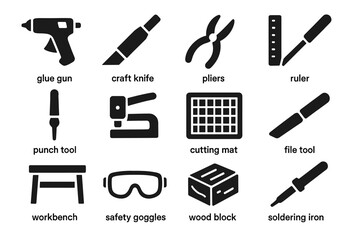 Obraz premium Crafting tools icons: glue gun, craft knife, pliers, ruler, punch tool, cutting mat, soldering iron