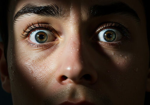 Close-up portrait of a young man's face, eyes wide with shock and fear, illuminated by a single light source.