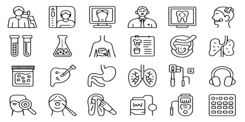 Medical and Healthcare Line Icons Set – Doctors, Lab Tools, Organs, Reports, and Devices Outline Vector Illustration


