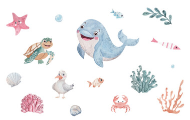Watercolor set with sea creatures: blue whale, turtle, pink starfish, friendly seagull, sea crab. Illustrations for a child's room, marine theme, white background.