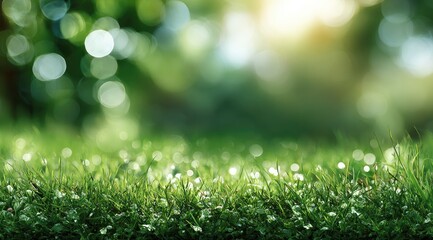Obraz premium Blurred green forest scene, dewy grass foreground