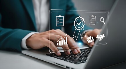 Business professional analyzing data and quality control metrics on a digital interface while working on a laptop