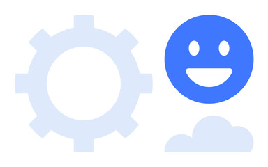 Blue happy face, gear, and cloud representing happiness, technology, and innovation. Ideal for technology, productivity, cloud computing, teamwork creativity positivity simple landing page