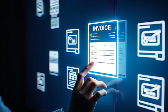 Digital invoice management and automation with interactive touchscreen interface simplifies financial processes offering enhanced efficiency and accuracy for modern businesses
