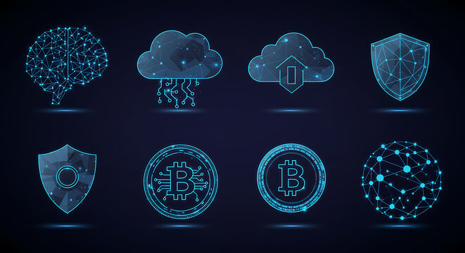 Digital illustration of technology icons including brain, cloud, shield, and cryptocurrency symbols.