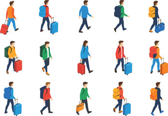 Isometric travelers walking with luggage, backpack and bags, vector people icons for map, game assets, tourism design and infographics
