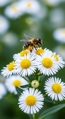 Closeup of a bee collecting pollen from a white daisy flower