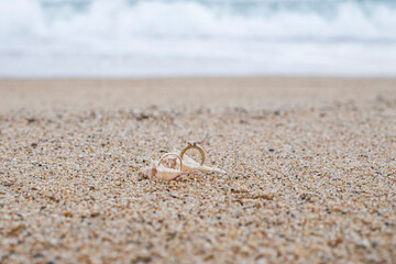 Macro, wedding gold rings on the sand. Romantic proposal on a tropical beach. background with space for an inscription