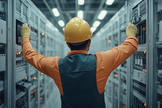 Technician inspects data center servers with safety gear. Focus on maintenance and network infrastructure.