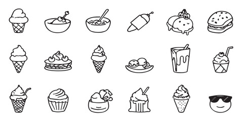 Ice cream doodle icon set featuring cute hand-drawn illustrations of cones, sundaes, popsicles, banana splits, swirls, waffles, and cups. Black and white cartoon-style art perfect for a sweet dessert 