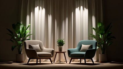 Fototapeta premium Sophisticated lounge with two elegant armchairs, large plants, and a small table illuminated by dramatic spotlights on white curtains.