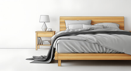 **Unmade bed with rumpled duvet in winter grays and copy space**  