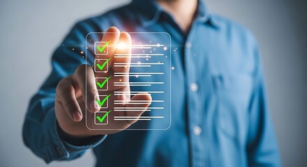 Businessman s finger interacting with a digital checklist displaying completed tasks with glowing green checkmarks