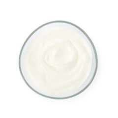 Tasty yoghurt in bowl isolated on white, top view