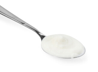 Tasty yoghurt in spoon isolated on white