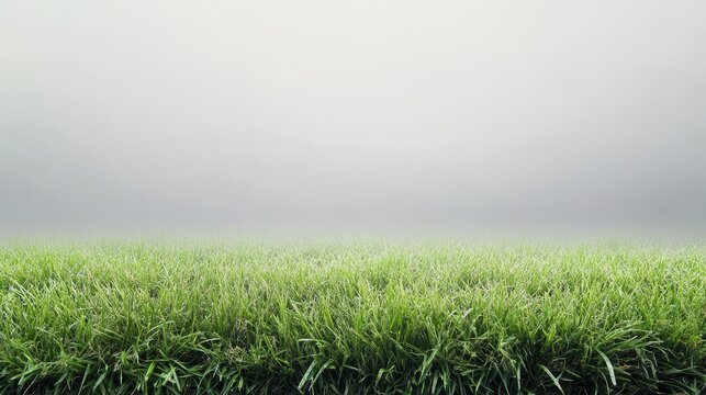 The lush green grass field under a fog, surrounded by soft green grass and a misty atmosphere