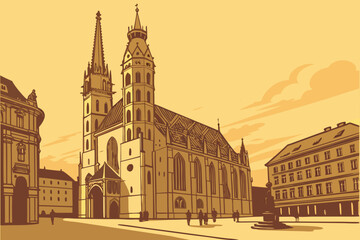 St. Stephen’s Cathedral towers above Vienna’s Stephansplatz, bathed in soft golden sunrise with gothic elegance on full display, modern flat illustration style.