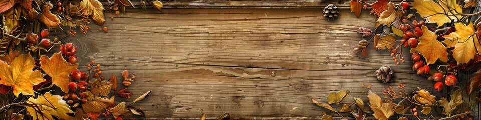 Autumnal frame with colorful leaves and berries on a rustic wooden background
