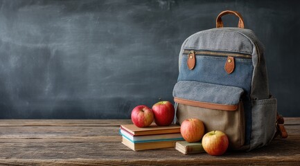 Backpack on wooden table, apples and books, chalkboard background