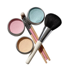 A collection of makeup brushes and colorful powders in open containers isolated on transparent background