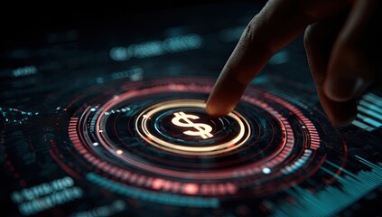Finger taps a glowing dollar sign on a digital interface