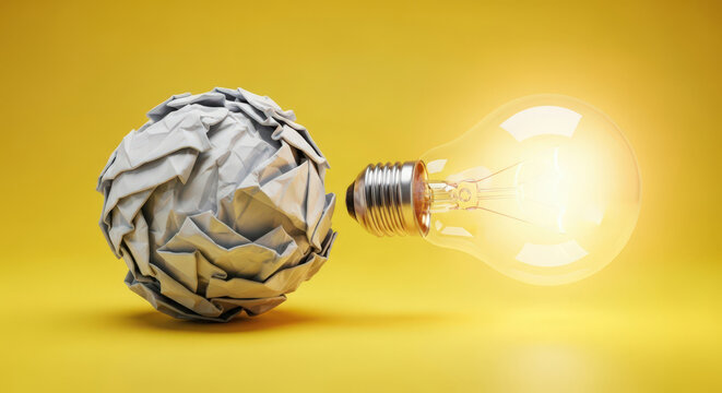 From Idea to Illumination A Crumpled Paper Ball Next to a Glowing Light Bulb, Representing the Journey from Initial Concept to Realization, Creativity, and Problem-Solving