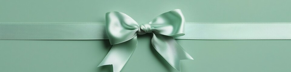 Elegant mint green satin ribbon bow on a matching background for gift wrapping