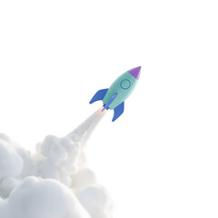 Blue rocket launching with white smoke isolated on transparent background